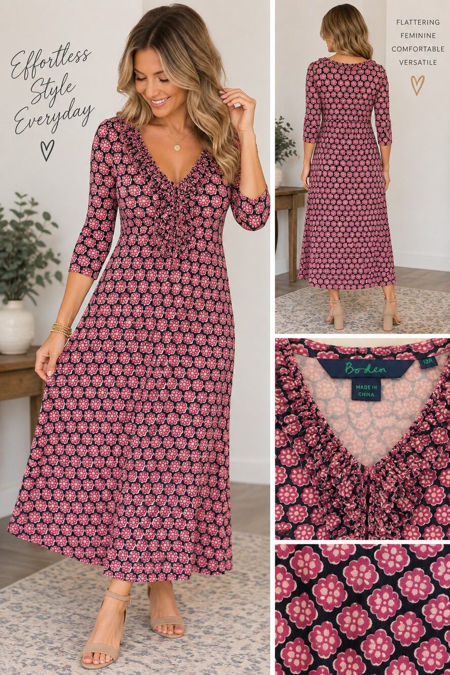 Boden Floral Ruffle Midi Dress Pink Black V Neck 3/4 Sleeve Size 12R